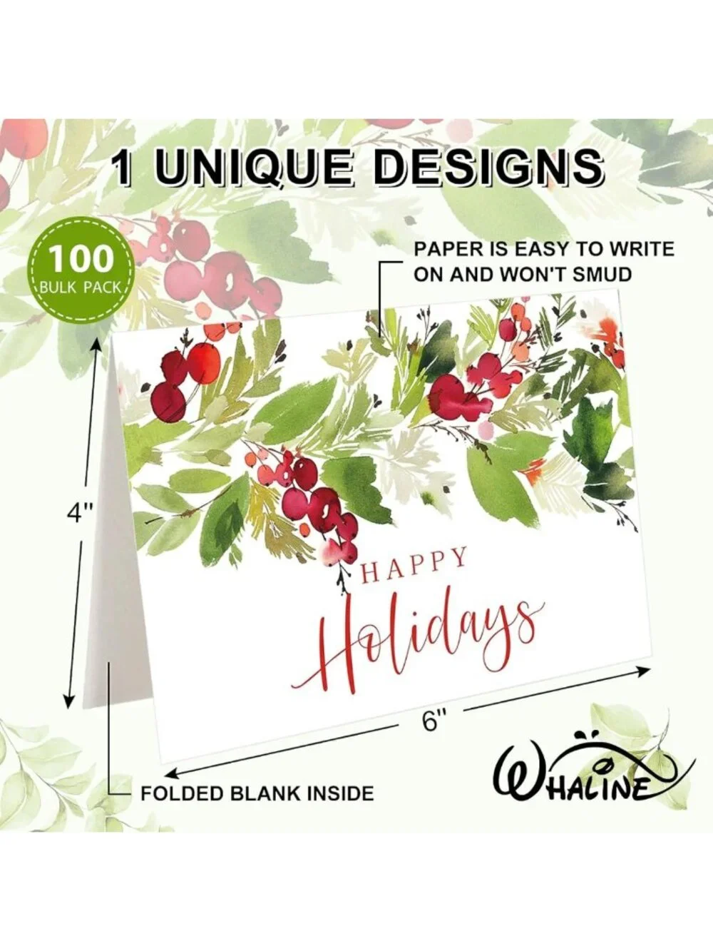 100 Pack Christmas Cards - Happy Holidays Greeting Cards with Berries & Leaves